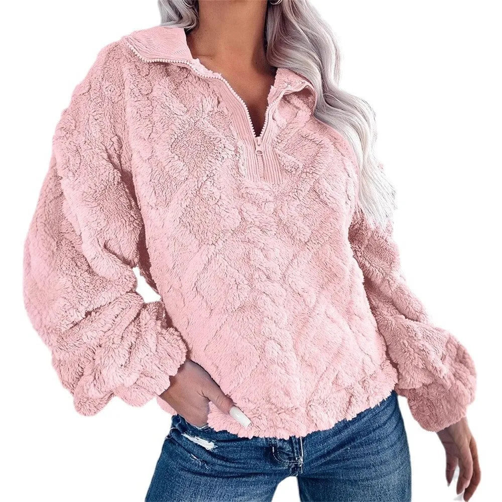 Larissa fleece damespullover met korte rits en opstaande kraag