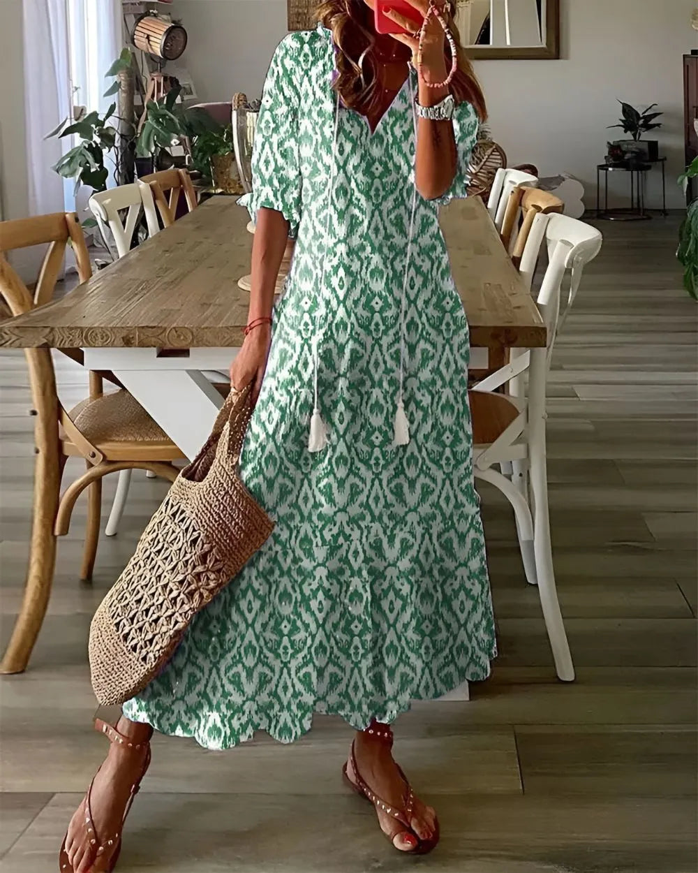 Lea damesmaxijurk met ikatprint en knoopsluiting