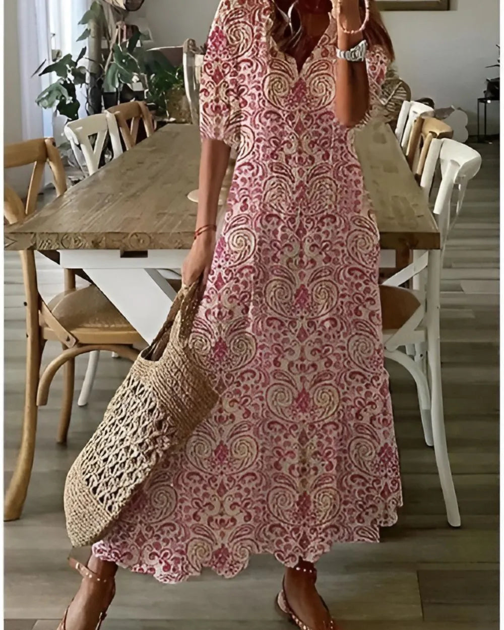 Lea damesmaxijurk met ikatprint en knoopsluiting