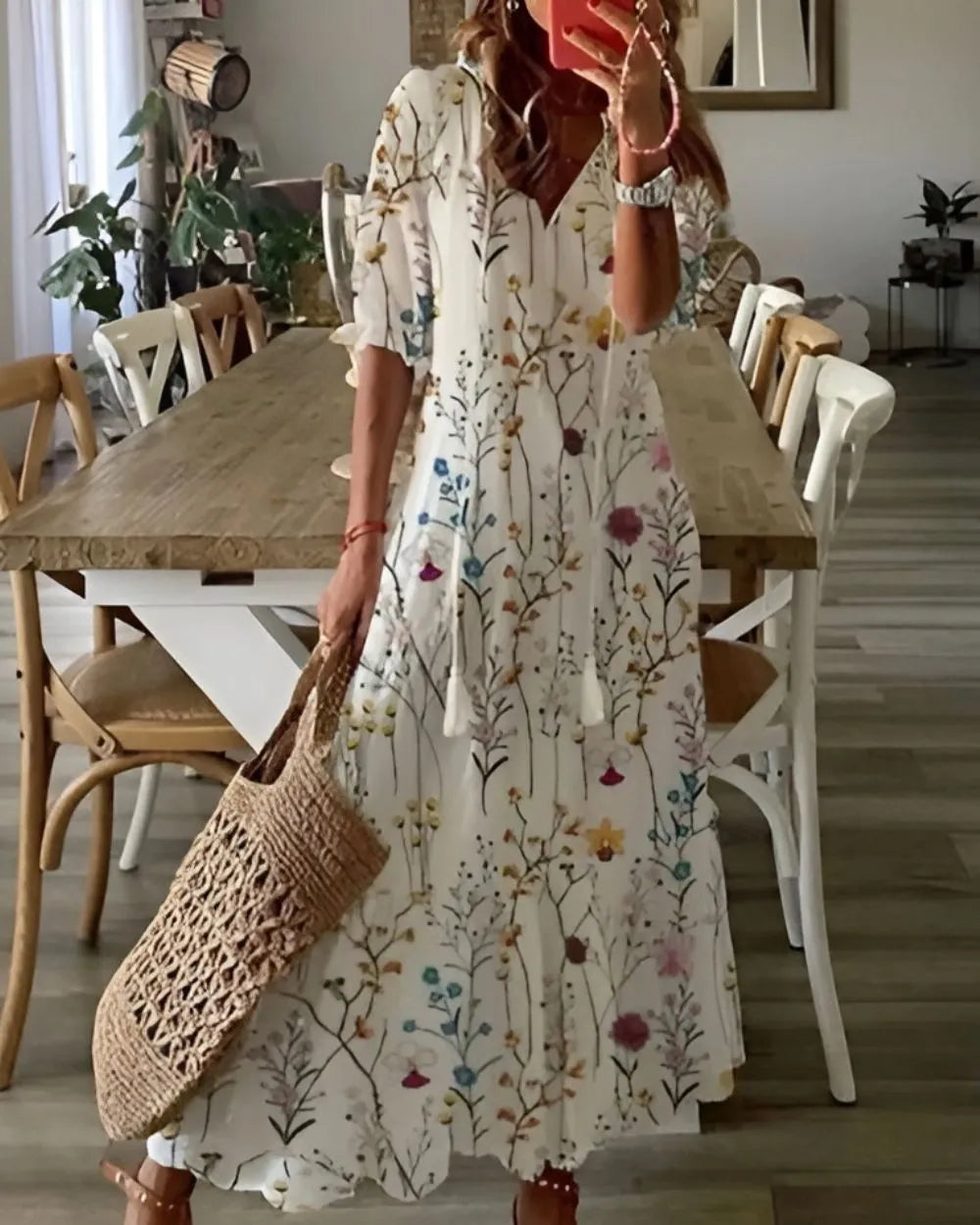 Lea damesmaxijurk met ikatprint en knoopsluiting