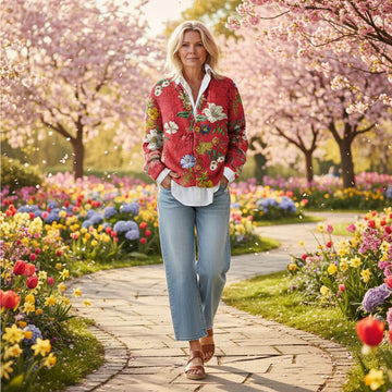 Lena gebreid damesvest met bloemenprint en knoopsluiting