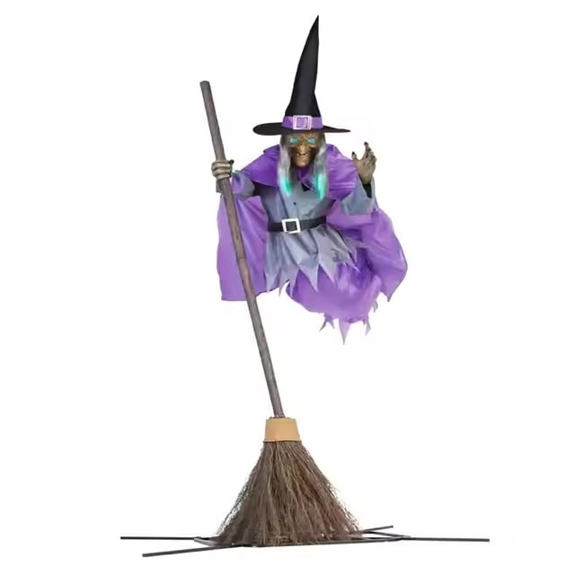 Levensgrote vliegende heks Halloweendecoratie en rekwisiet met oplichtende LED-ogen en bezemsteel