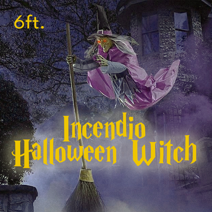 Levensgrote vliegende heks Halloweendecoratie en rekwisiet met oplichtende LED-ogen en bezemsteel