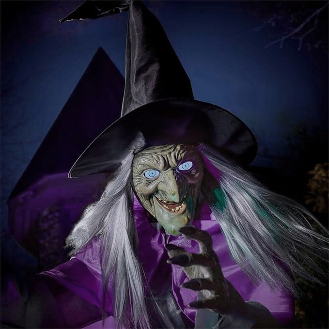Levensgrote vliegende heks Halloweendecoratie en rekwisiet met oplichtende LED-ogen en bezemsteel