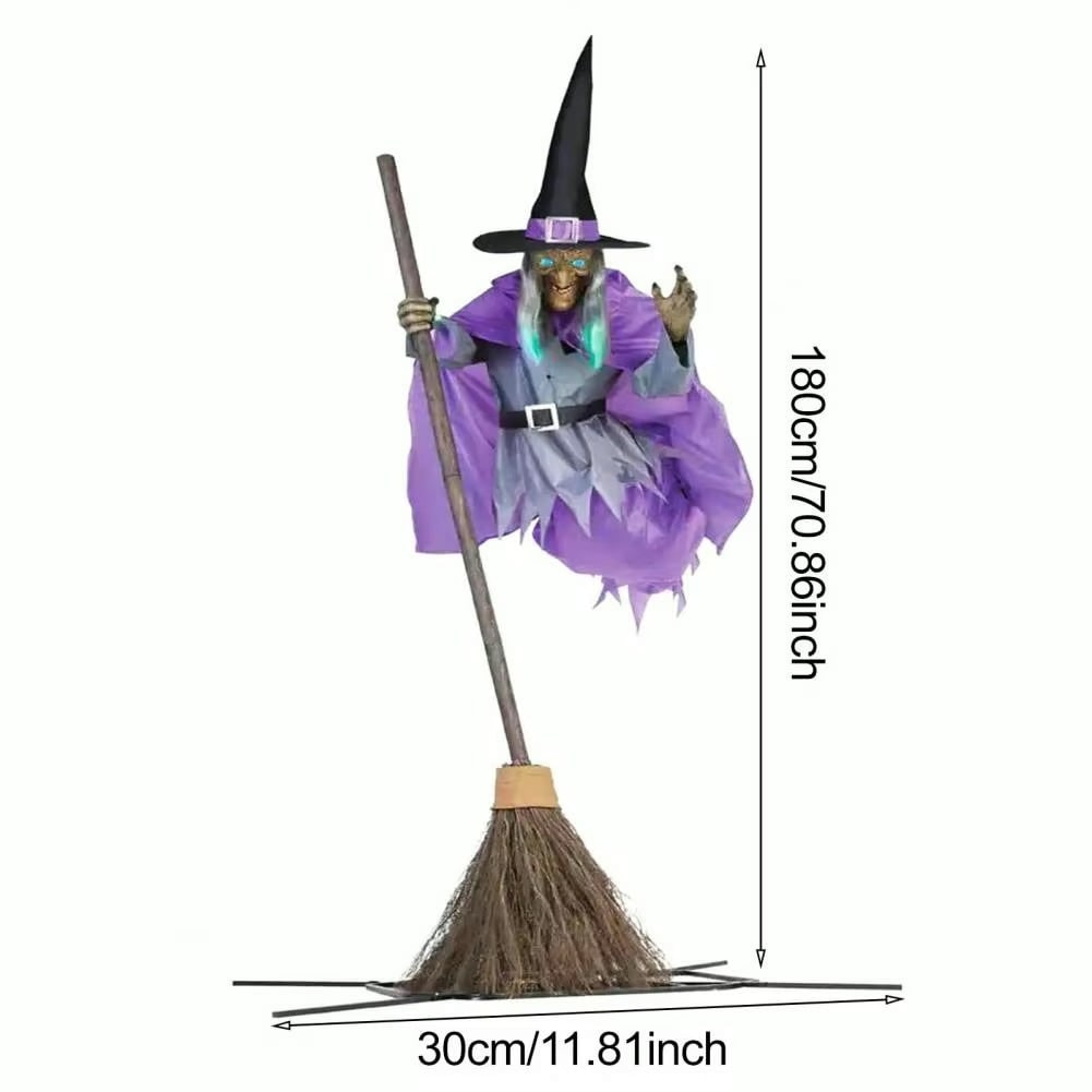 Levensgrote vliegende heks Halloweendecoratie en rekwisiet met oplichtende LED-ogen en bezemsteel