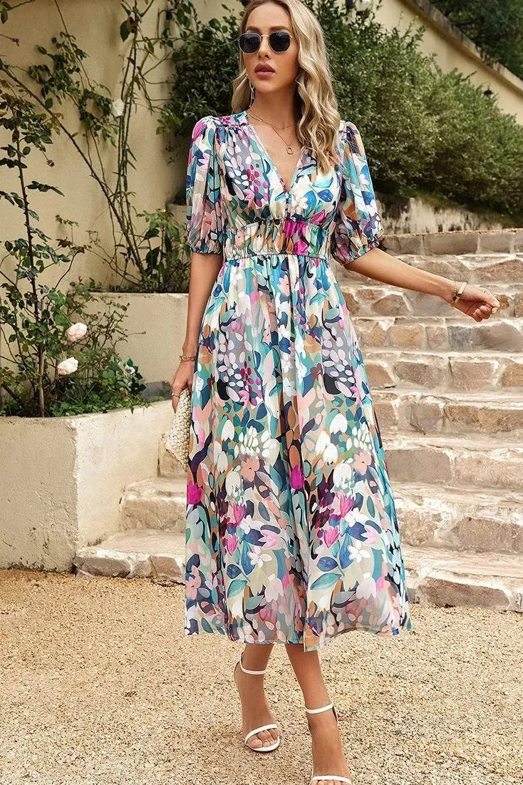 Liliana midijurk voor dames met bloemenprint, pofmouwen en V-hals