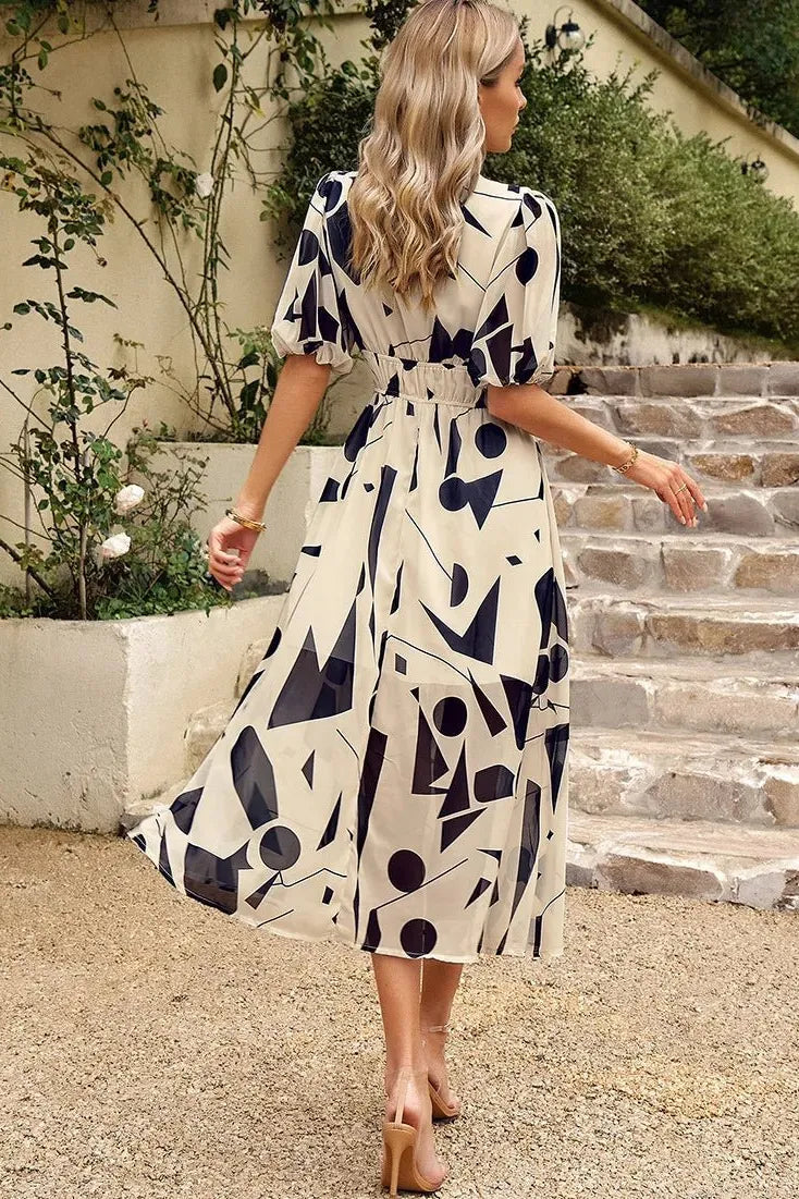 Liliana midijurk voor dames met bloemenprint, pofmouwen en V-hals