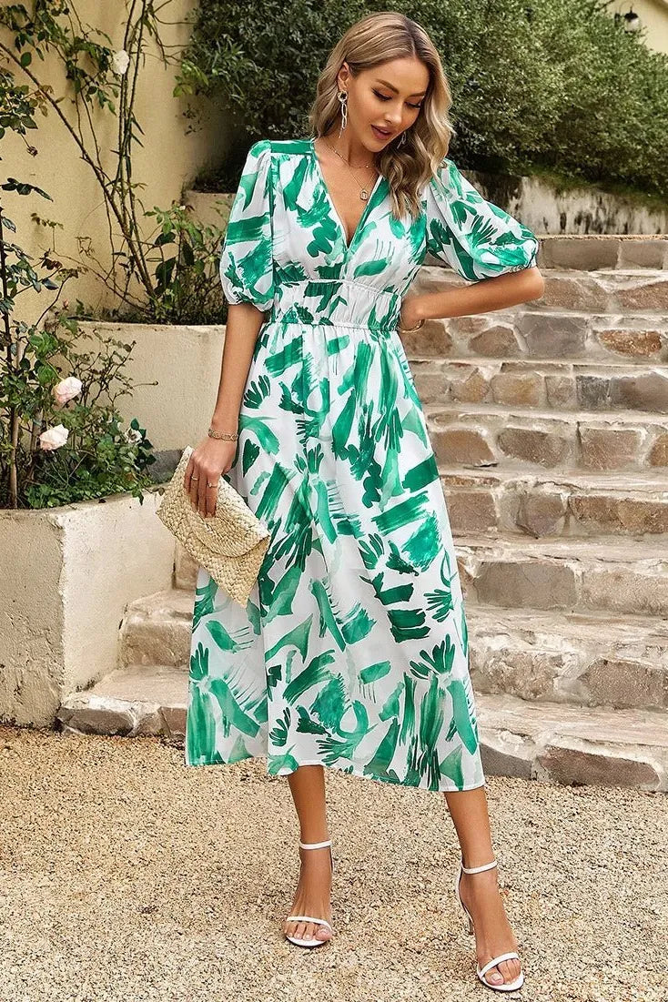 Liliana midijurk voor dames met bloemenprint, pofmouwen en V-hals
