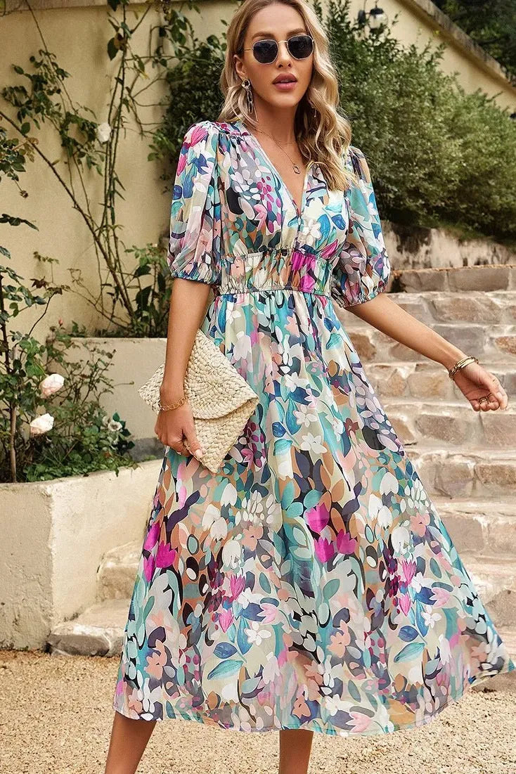 Liliana midijurk voor dames met bloemenprint, pofmouwen en V-hals