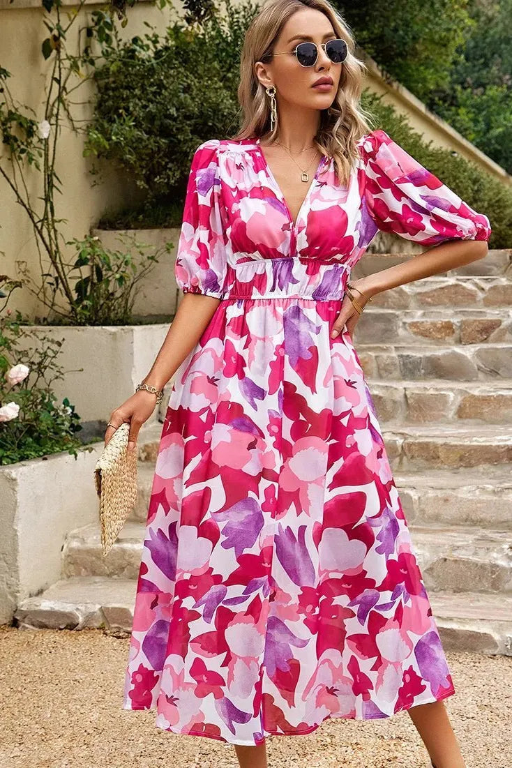 Liliana midijurk voor dames met bloemenprint, pofmouwen en V-hals