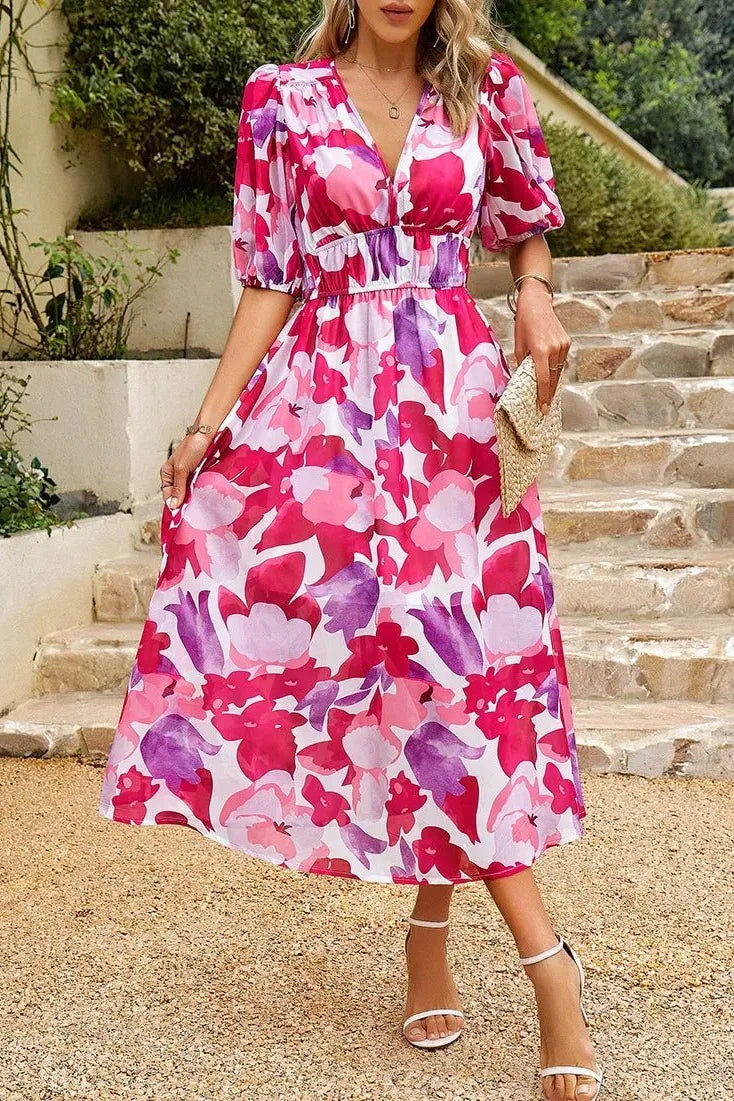 Liliana midijurk voor dames met bloemenprint, pofmouwen en V-hals