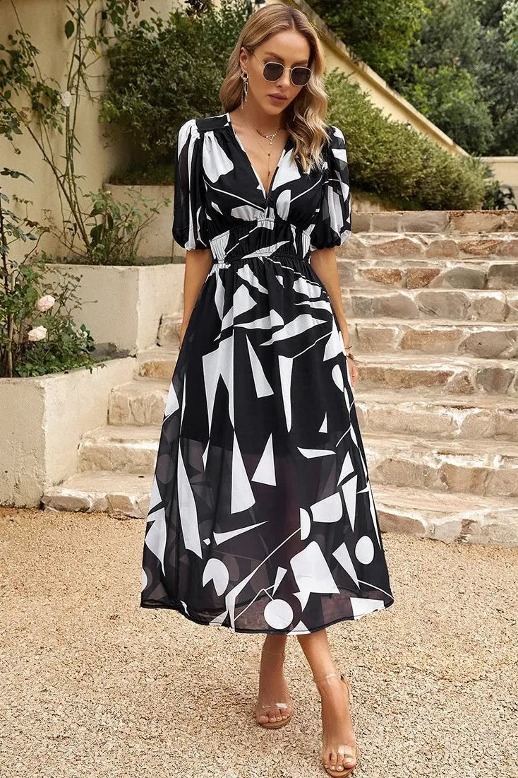 Liliana midijurk voor dames met bloemenprint, pofmouwen en V-hals