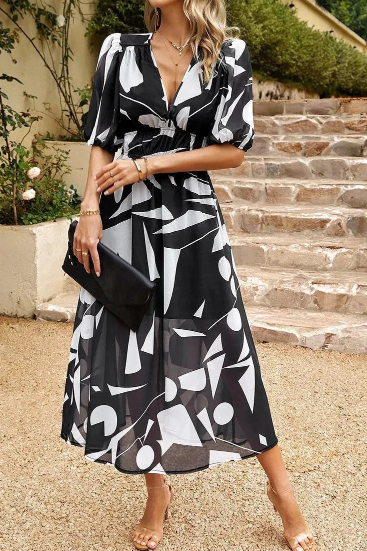 Liliana midijurk voor dames met bloemenprint, pofmouwen en V-hals