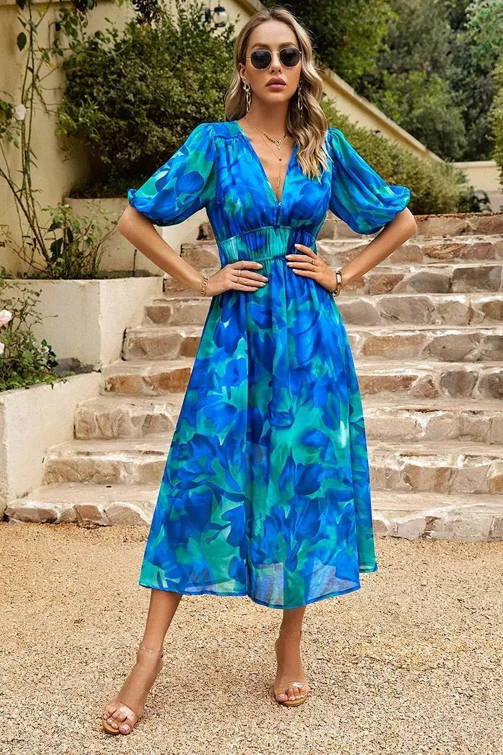 Liliana midijurk voor dames met bloemenprint, pofmouwen en V-hals