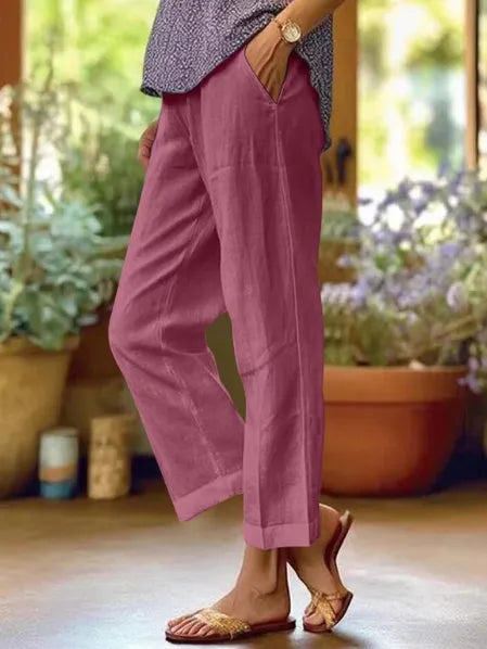 Lily verkorte linnen broek met toelopende pijpen en omslag voor dames