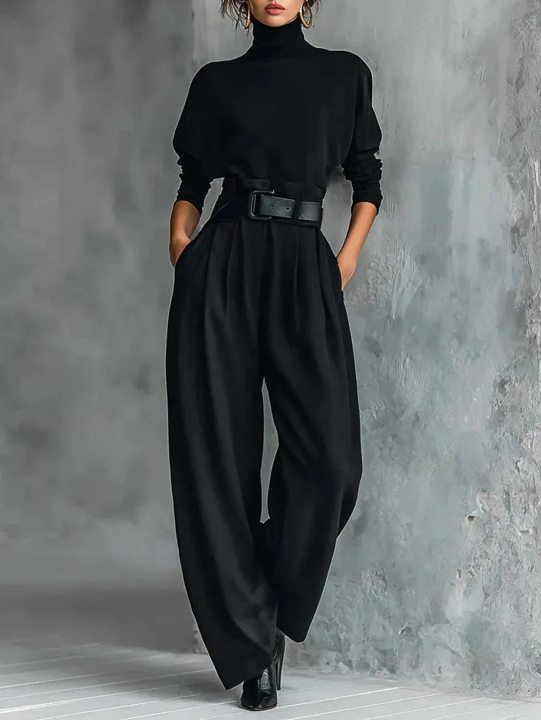 Lisa damesjumpsuitset met hoge hals en wijde pijpen