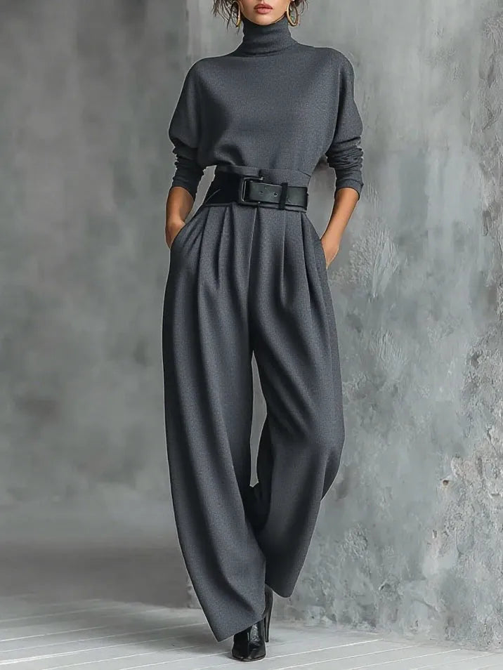 Lisa damesjumpsuitset met hoge hals en wijde pijpen