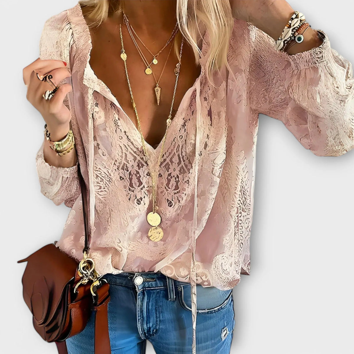 Lisette kanten damesblouse met V-hals