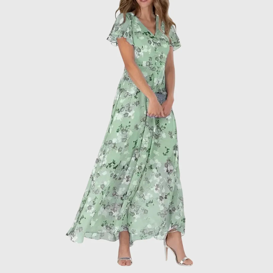Lola maxijurk met bloemenprint, V-hals en vlindermouwen voor dames