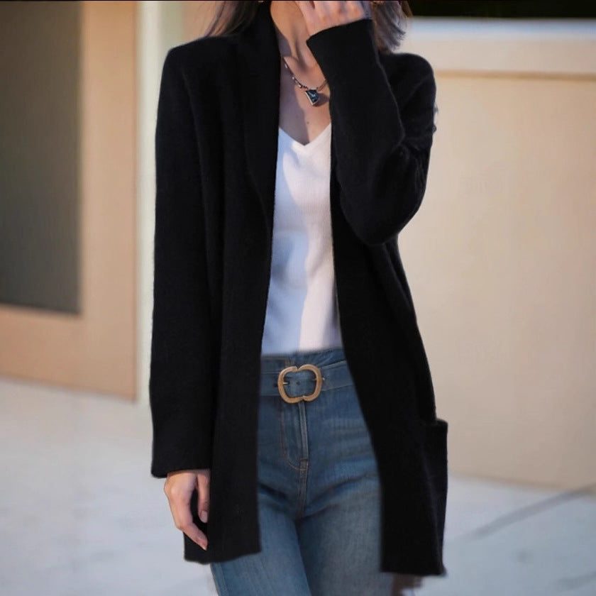 Lang gebreid kasjmieren vest met zakken voor dames