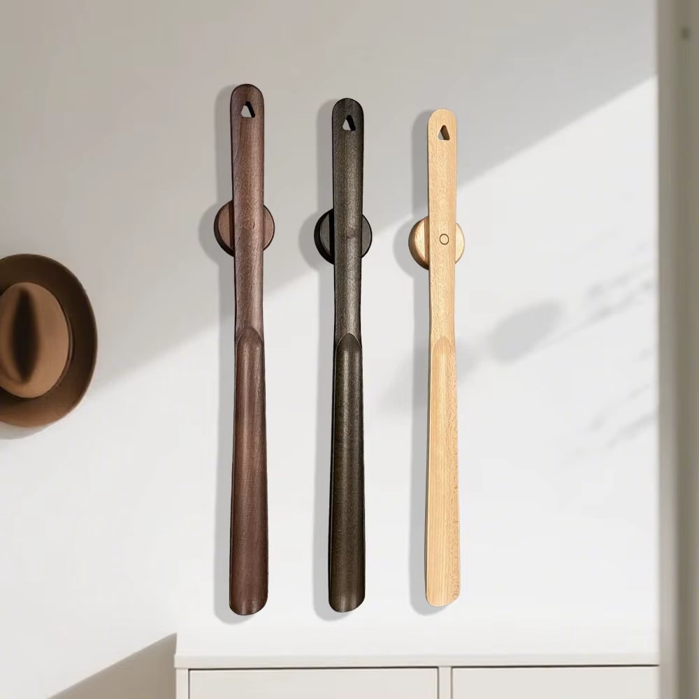 Lange schoenlepel hout magnetische wandbevestiging staand gebruik bescherming met handvat