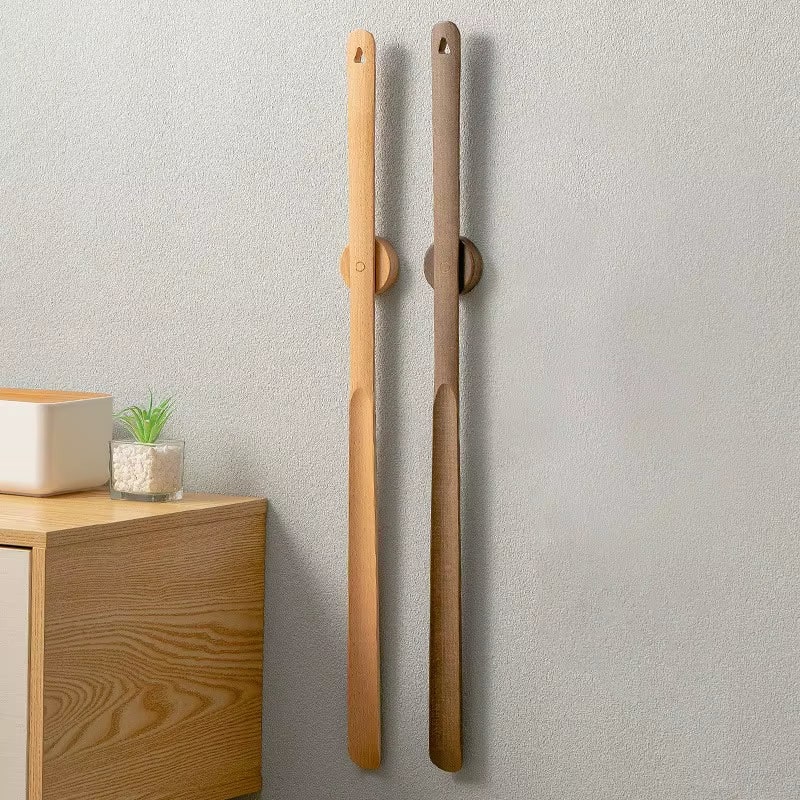 Lange schoenlepel hout magnetische wandbevestiging staand gebruik bescherming met handvat