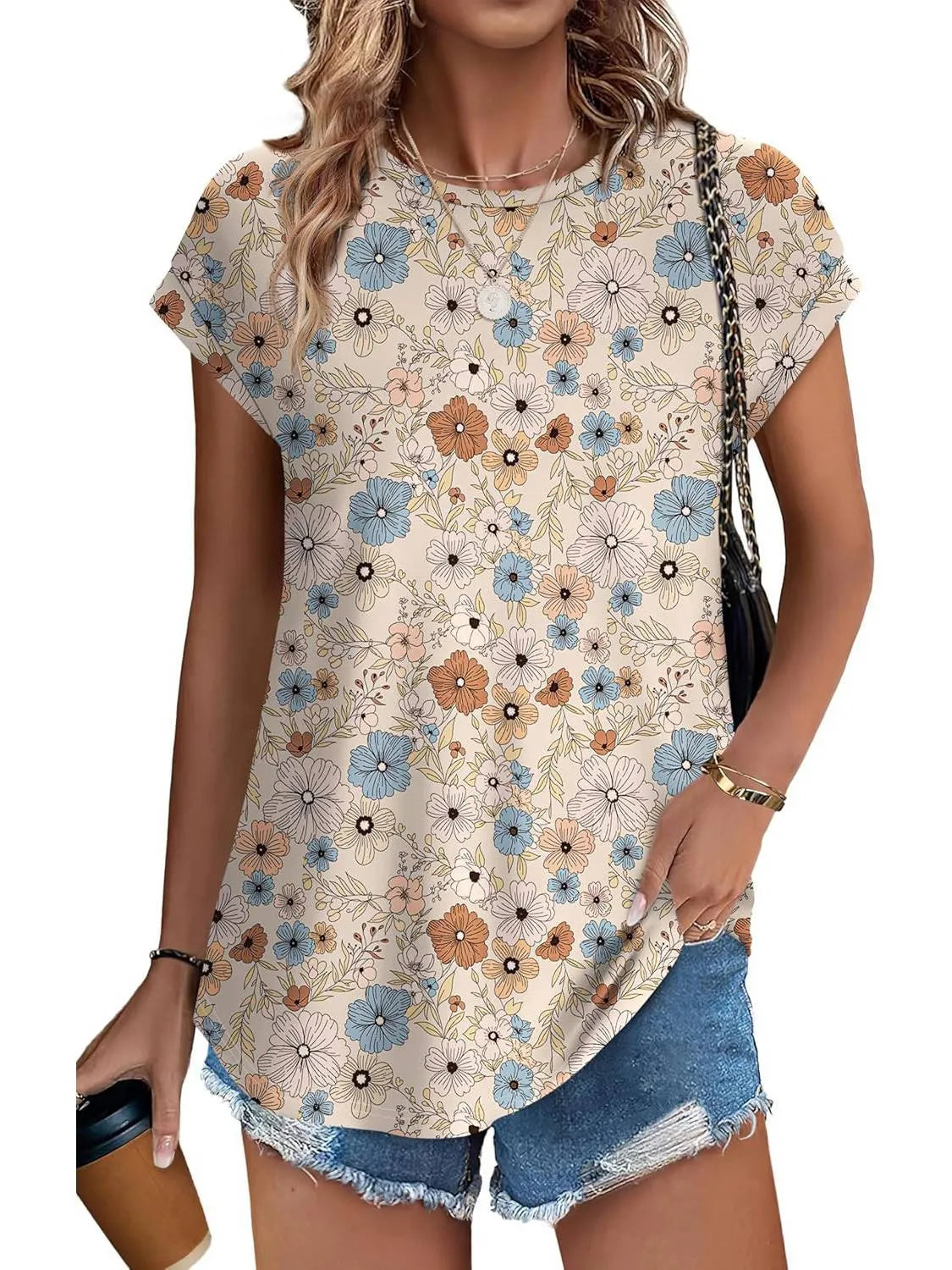 Loretta damesblouse met botanische bladprint en kapmouwen