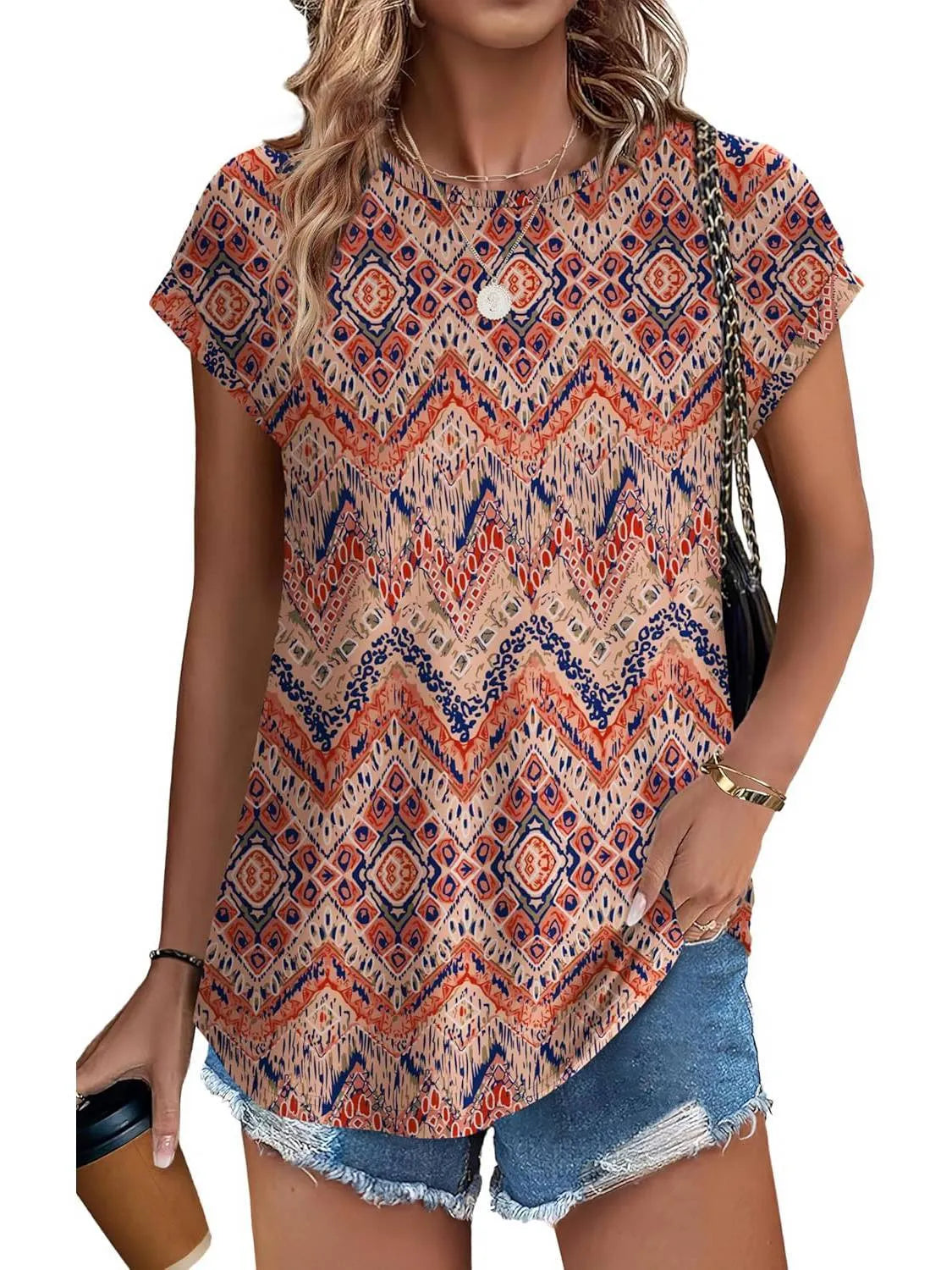 Loretta damesblouse met botanische bladprint en kapmouwen