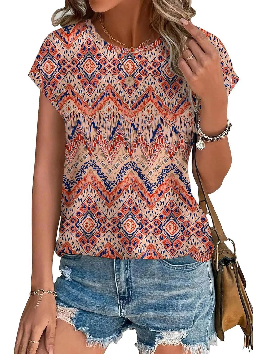 Loretta damesblouse met botanische bladprint en kapmouwen