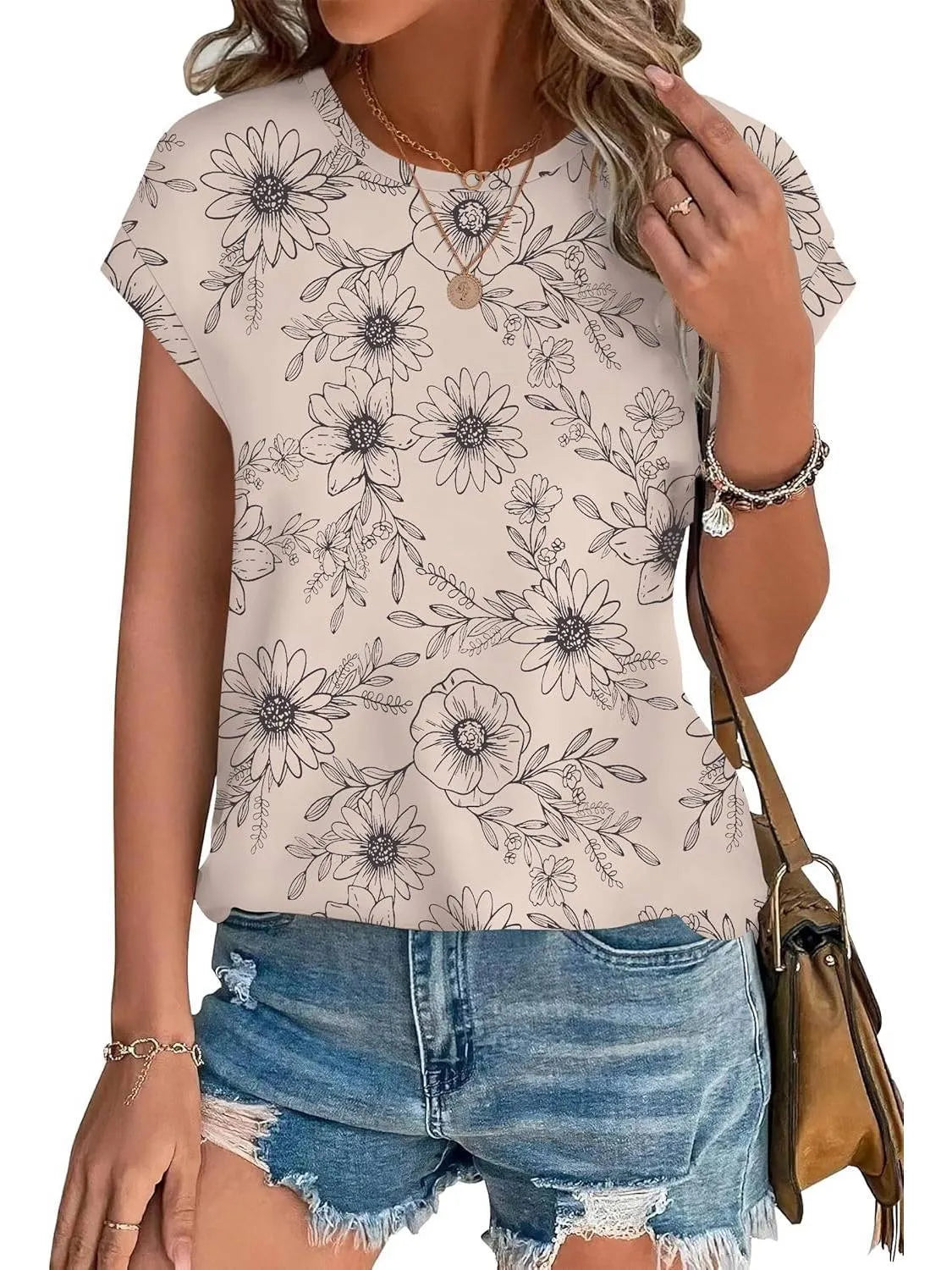 Loretta damesblouse met botanische bladprint en kapmouwen