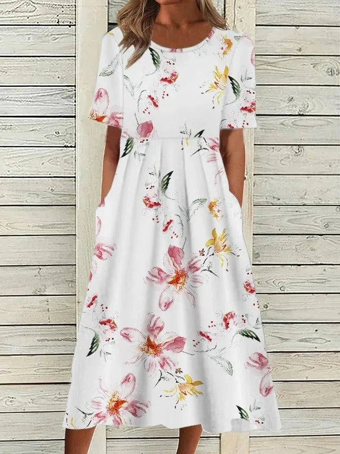 Louise A-lijnmidijurk voor dames met bloemenprint en korte mouwen