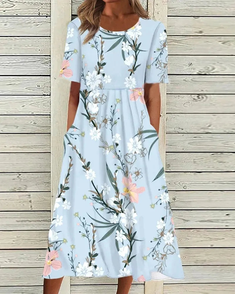 Louise A-lijnmidijurk voor dames met bloemenprint en korte mouwen
