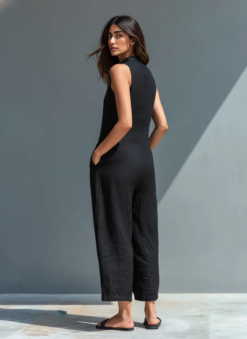 Lucinda mouwloze damesjumpsuit met wijde pijpen