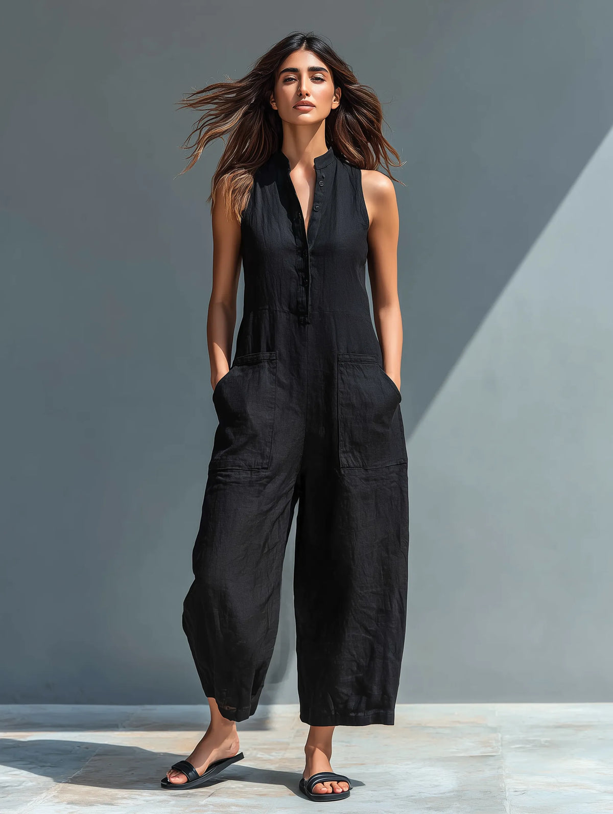 Lucinda mouwloze damesjumpsuit met wijde pijpen
