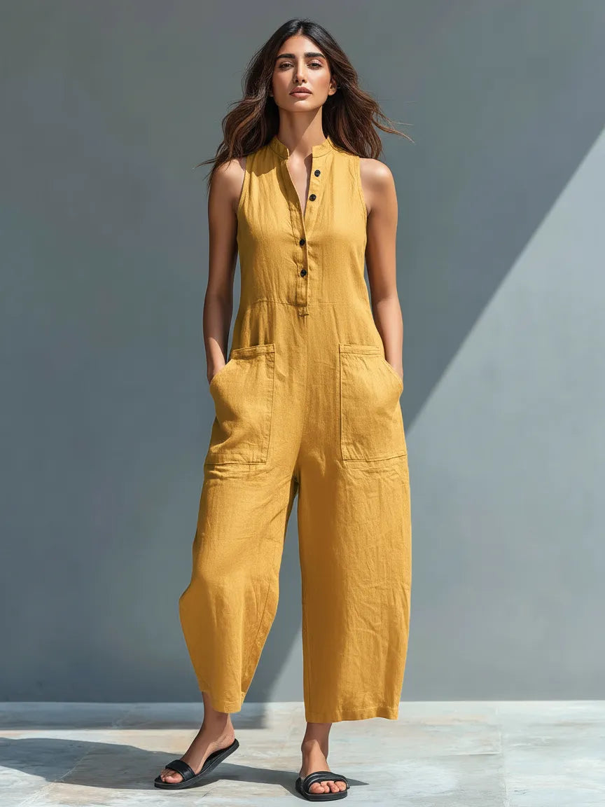 Lucinda mouwloze damesjumpsuit met wijde pijpen
