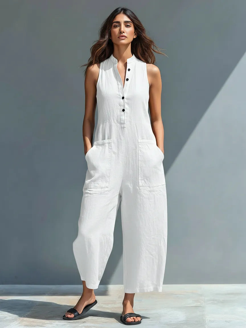 Lucinda mouwloze damesjumpsuit met wijde pijpen