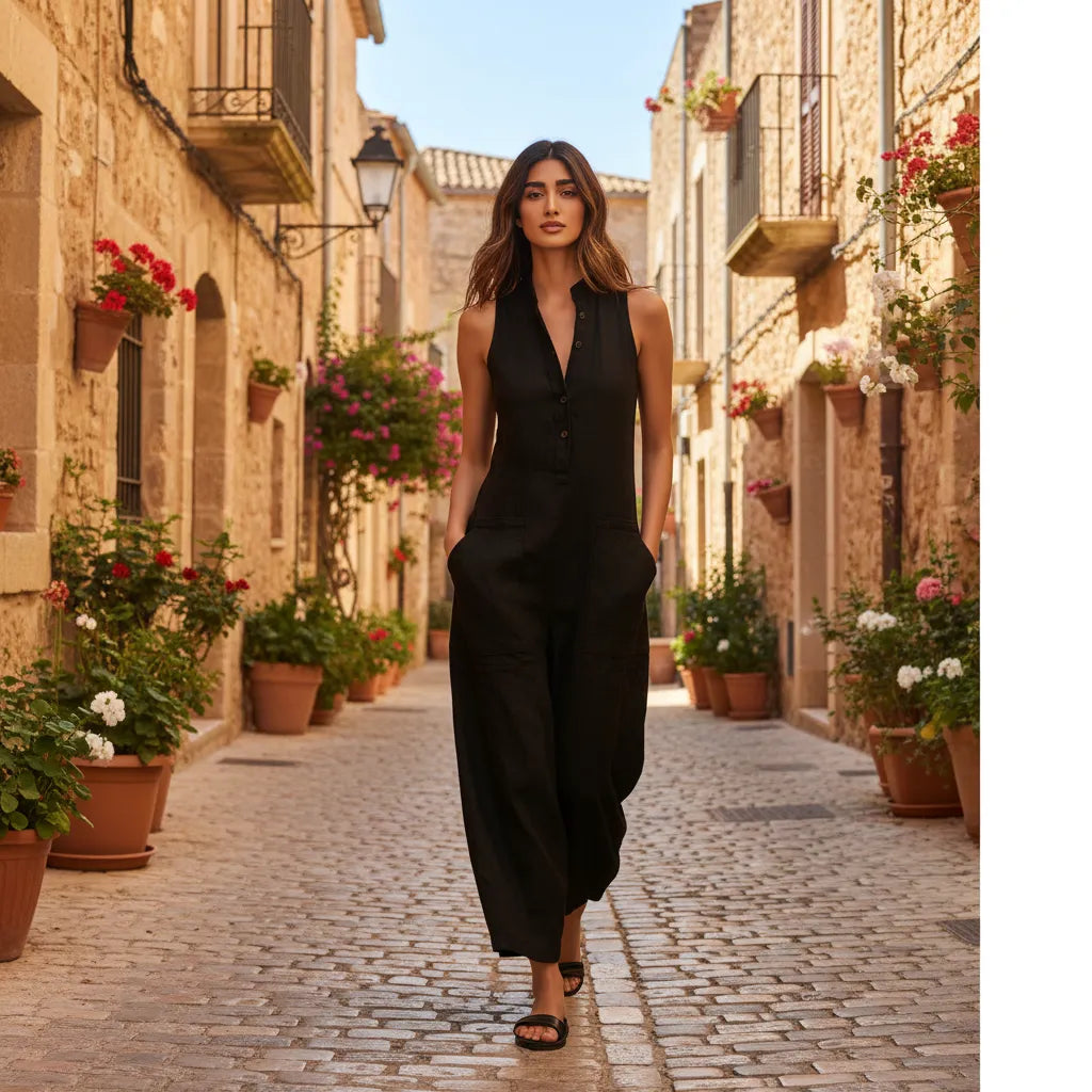 Lucy mouwloze damesjumpsuit met wijde pijpen