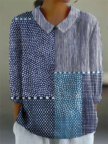 Lydia dames patchworkblouse met kraag en lange mouwen