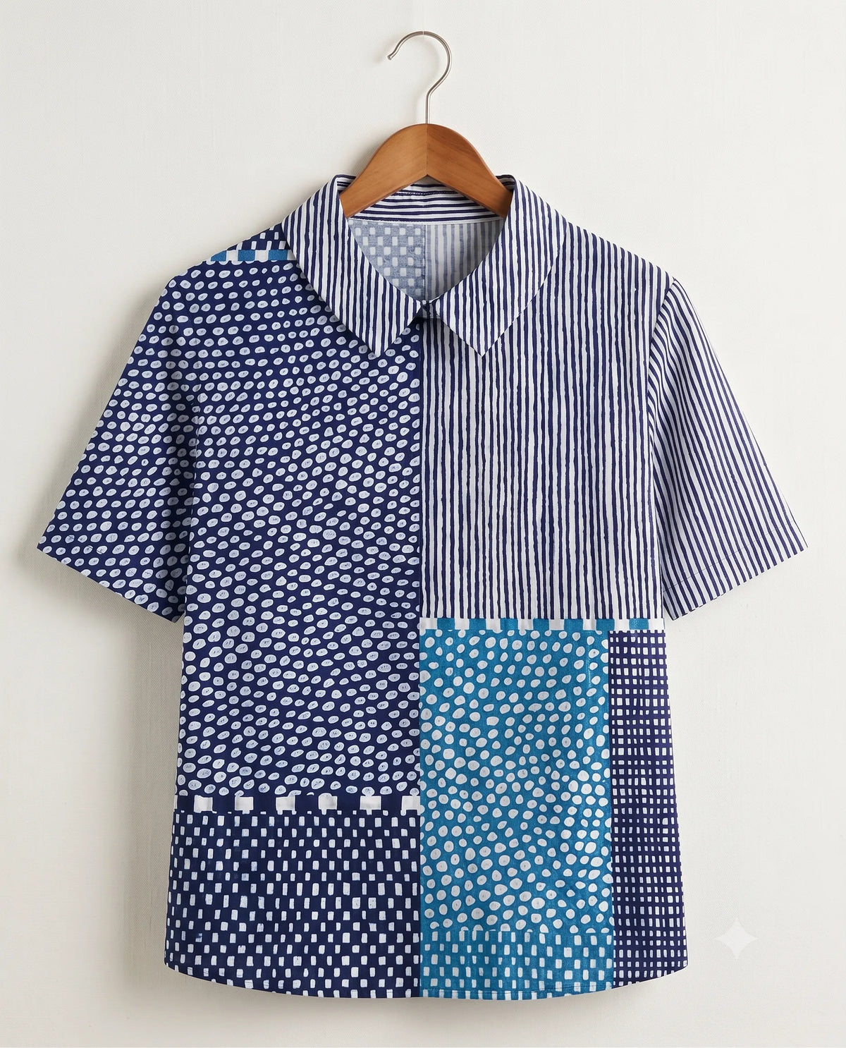 Lydia dames patchworkblouse met kraag en lange mouwen