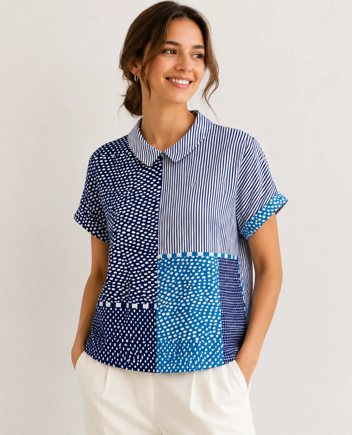 Lydia dames patchworkblouse met kraag en lange mouwen