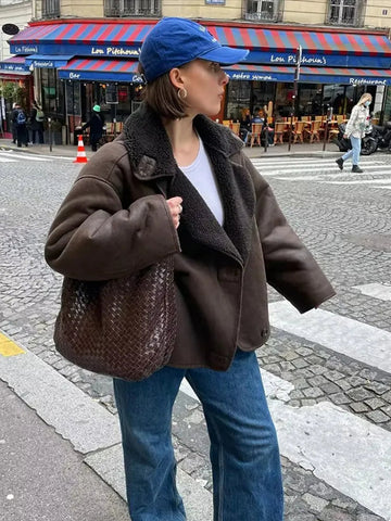 Oversized leren Jasje Bruin Met Teddy Voering - Laura