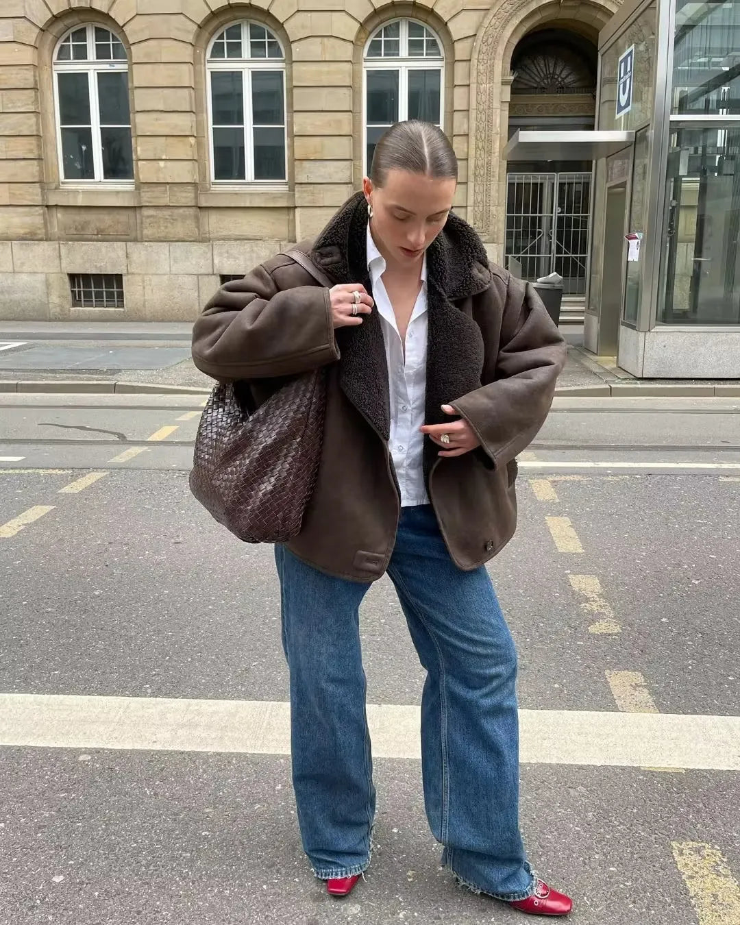 Oversized leren Jasje Bruin Met Teddy Voering - Laura