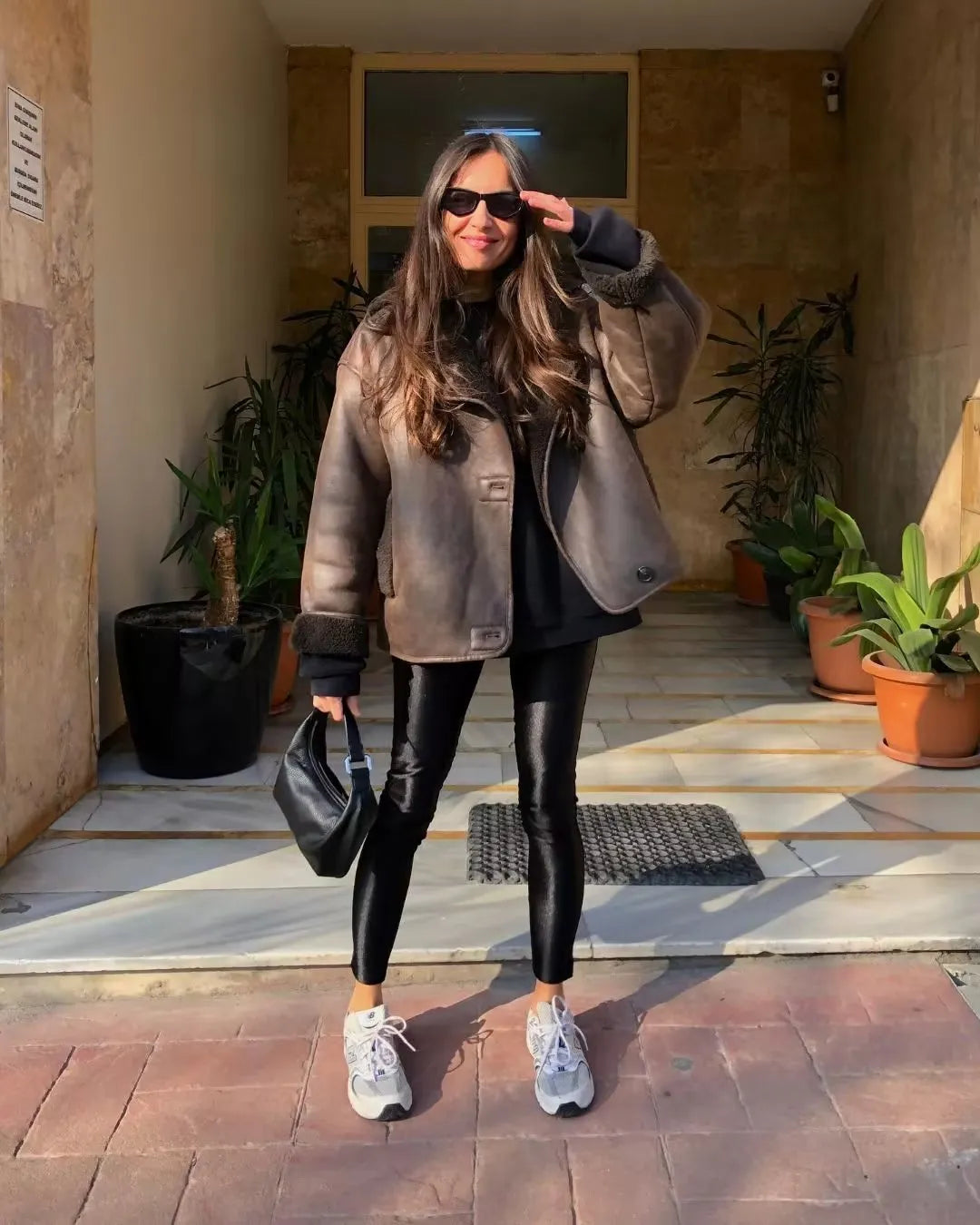 Oversized leren Jasje Bruin Met Teddy Voering - Laura