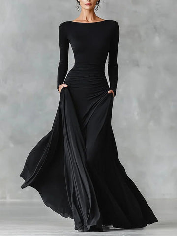 Maxi-winterjurk met geplisseerde taille en boothals voor dames