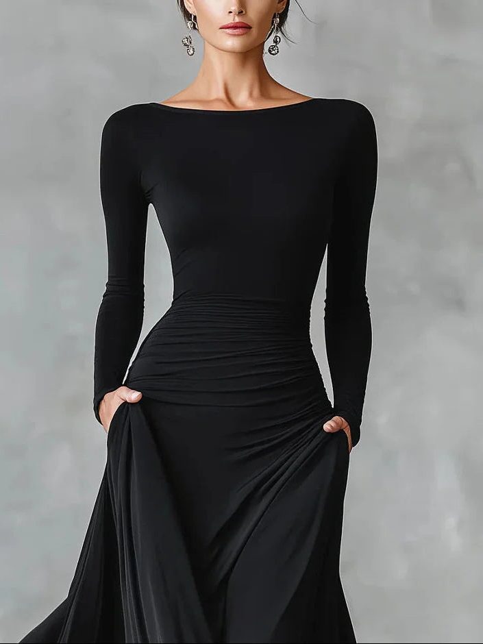 Maxi-winterjurk met geplisseerde taille en boothals voor dames