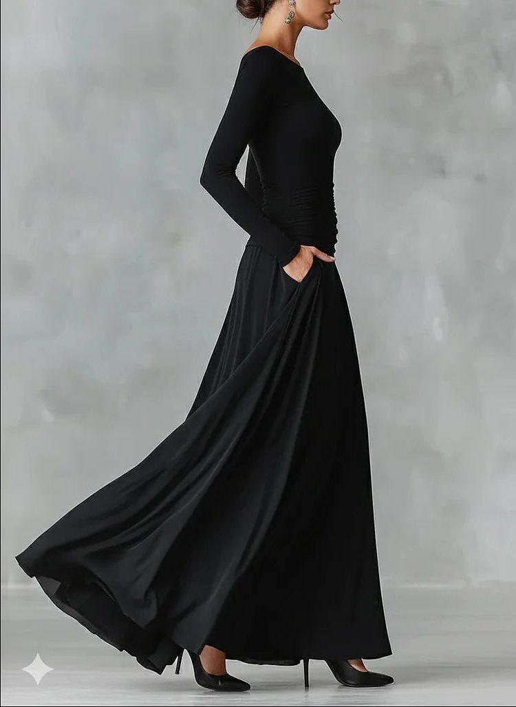 Maxi-winterjurk met geplisseerde taille en boothals voor dames