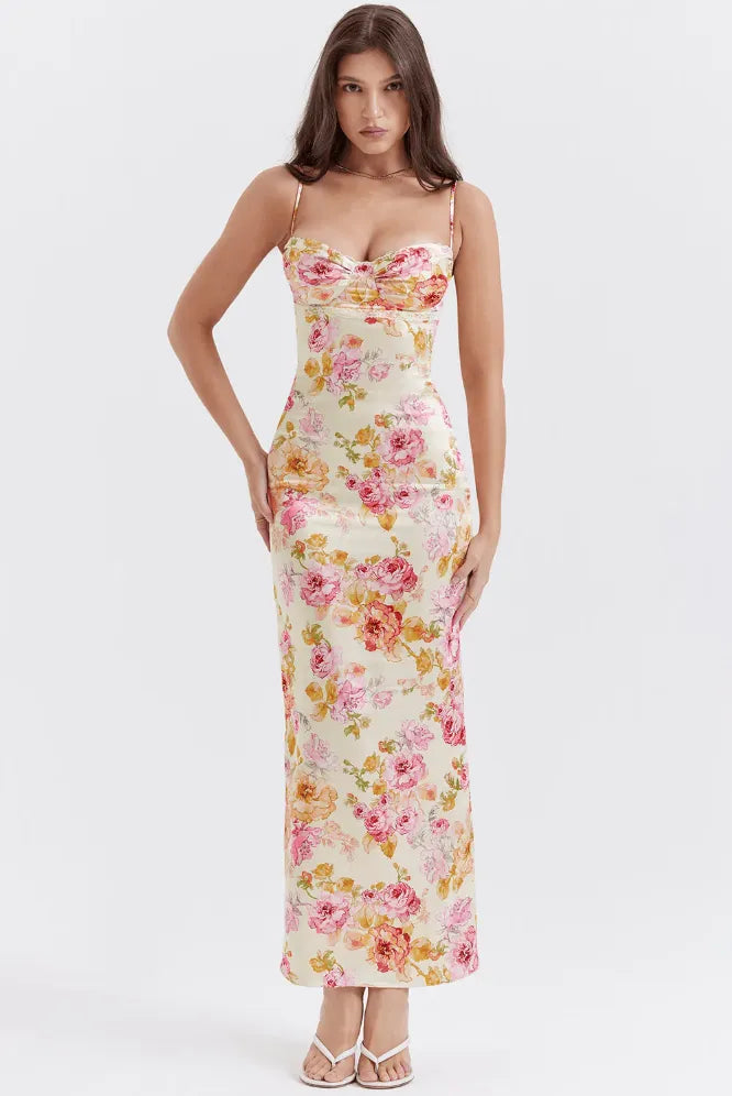 Melusina maxijurk met bloemenprint en hartvormige hals voor dames