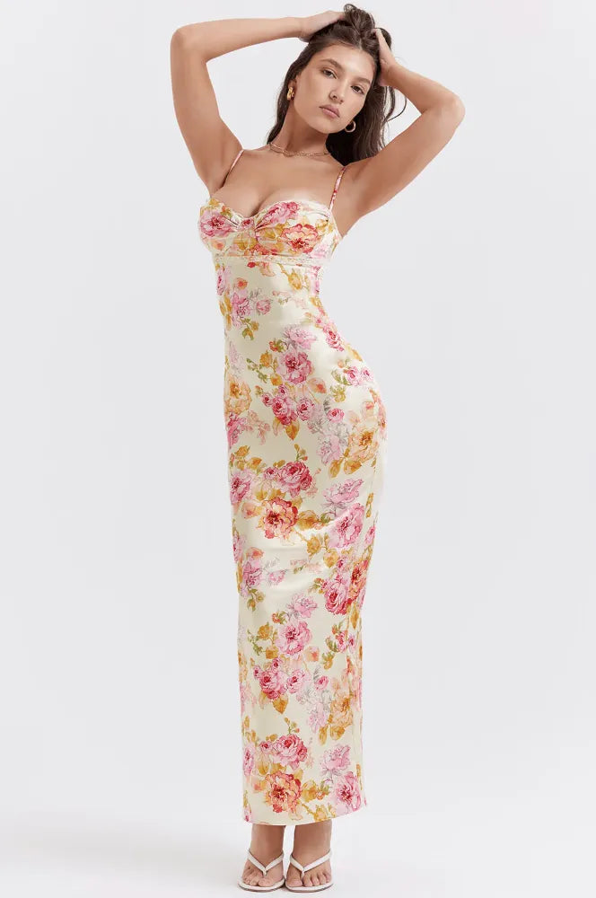 Melusina maxijurk met bloemenprint en hartvormige hals voor dames