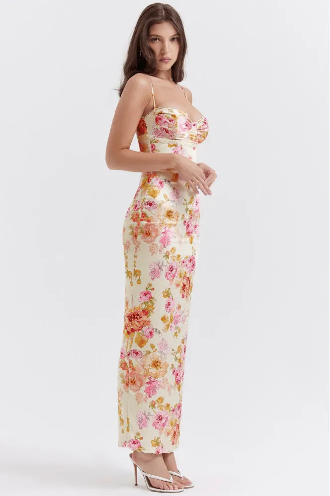 Melusina maxijurk met bloemenprint en hartvormige hals voor dames