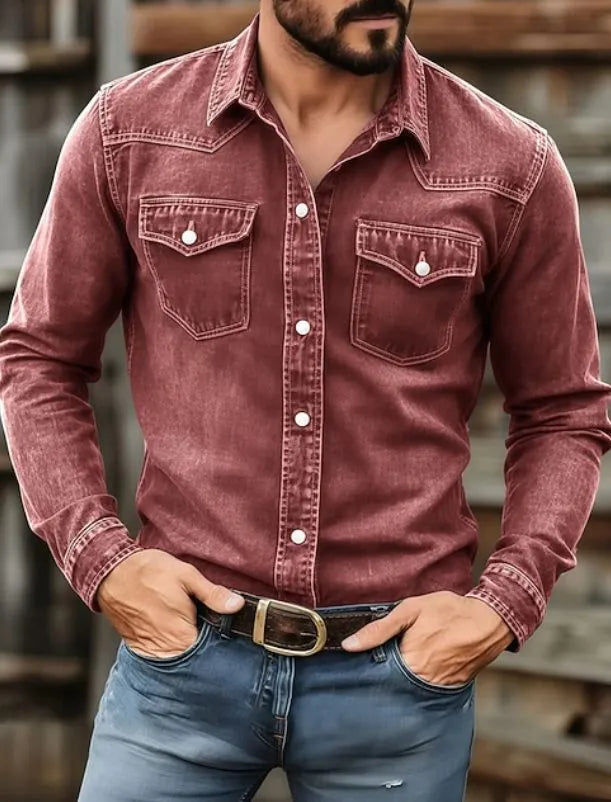 Gewassen denim herenoverhemd met knoopsluiting en zakken
